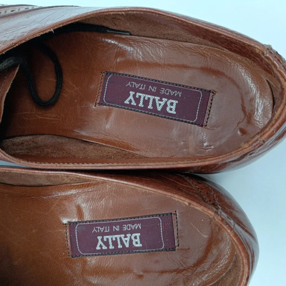 Bally Mens Wingtip Oxford Leather Dress Shoes Cognac Brown Made in Italy Size 11